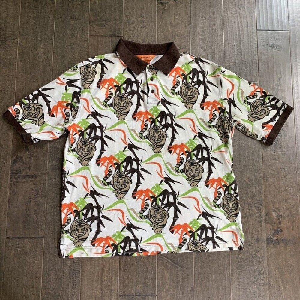Vintage Trust USA Polo Shirt Men XL All‎ Over Print Tiger Hawaiian Short Sleeve
